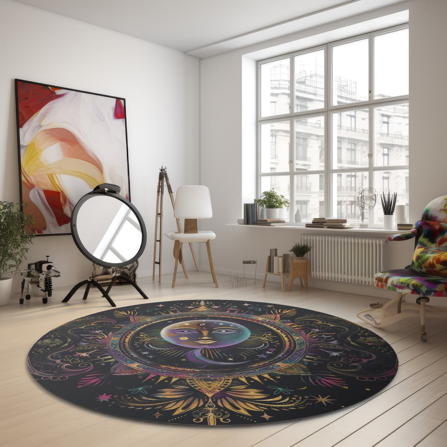 Rainbow Neon Sun & Moon Chenille Round Area Rug, Celestial Cosmic Design, Colored Chalk Bedroom, Living and Meditation Space Decor