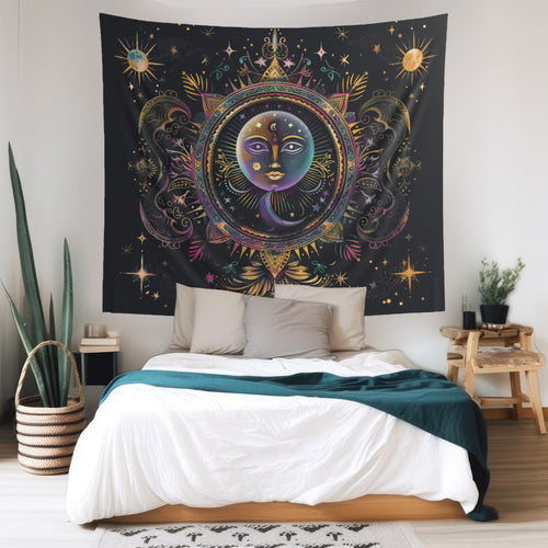 Rainbow Sun Electric Mandala Indoor Wall Tapestry – Colored Chalk Style Vibrant Sacred Geometry Decor for Mystical Spaces