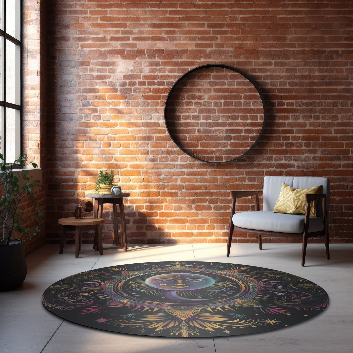 Rainbow Neon Sun & Moon Chenille Round Area Rug, Celestial Cosmic Design, Colored Chalk Bedroom, Living and Meditation Space Decor