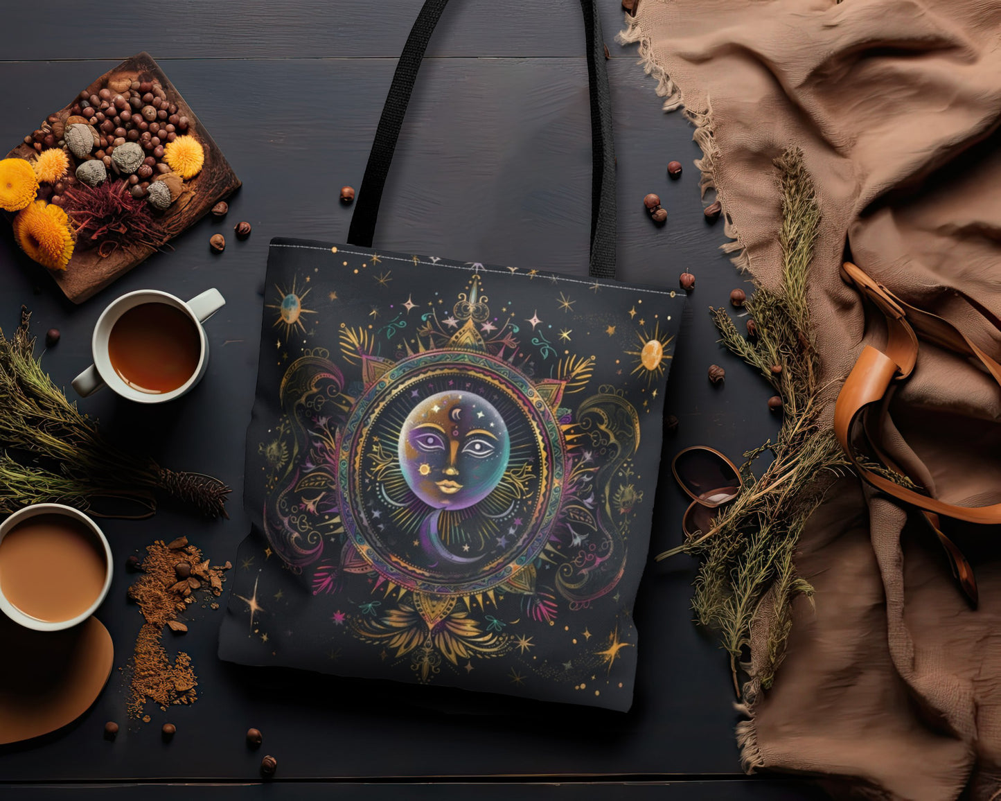 Rainbow Sun Electric Mandala Polyester Tote Bag (Double Sided), Colored Chalk Style, Sacred Geometry Designed Fashion, 3 Sizes, Black Handles