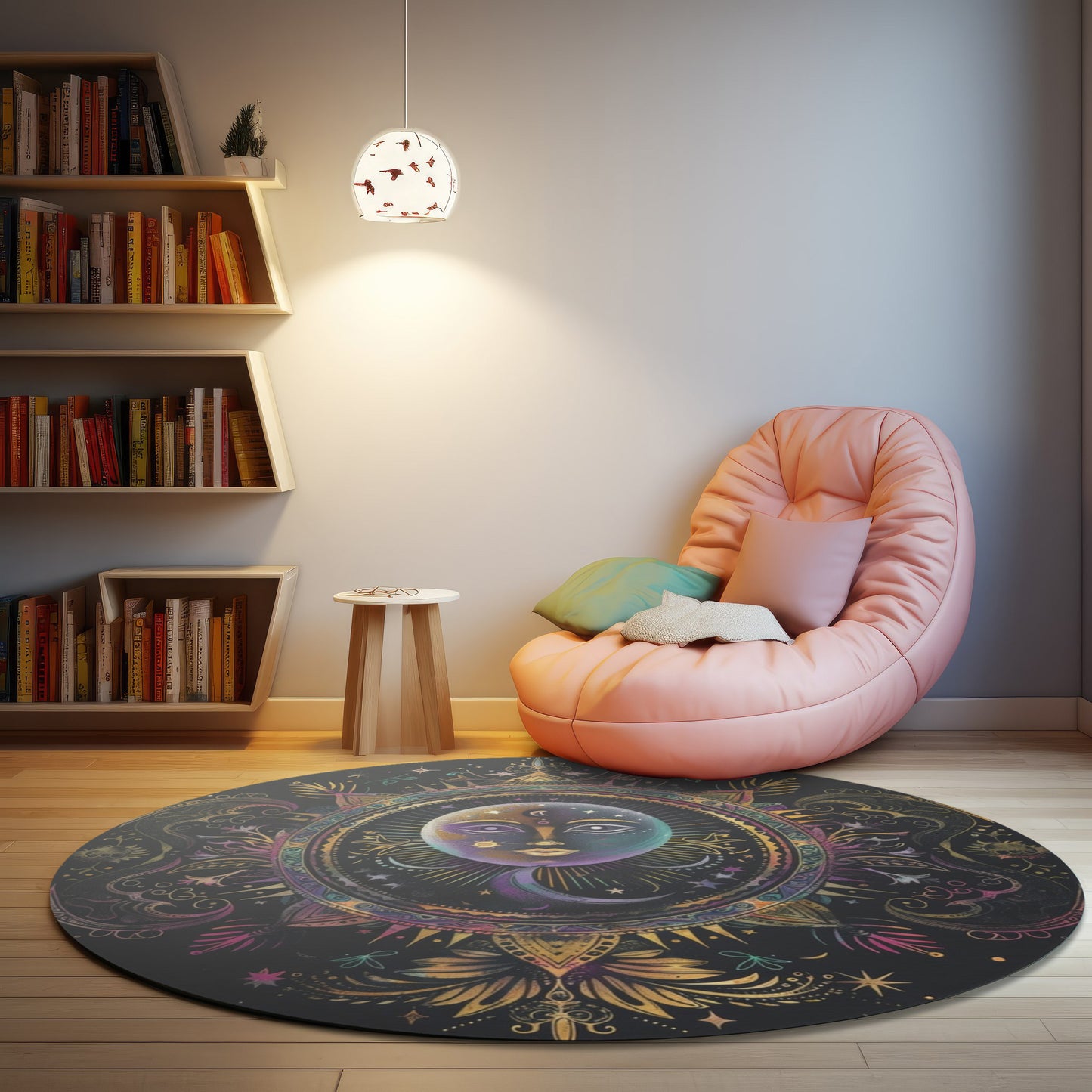 Rainbow Neon Sun & Moon Chenille Round Area Rug, Celestial Cosmic Design, Colored Chalk Bedroom, Living and Meditation Space Decor