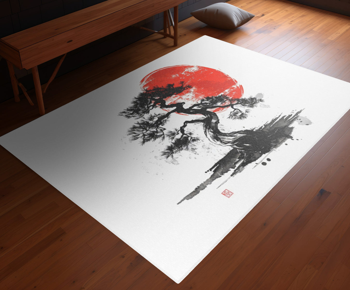 Traditional Chinese Bonsai & Red Sun Chenille Area Rug, Elegant Ink Wash Style Art, Serene Zen Decor for Home, Bedroom, Living Space, and Dorms