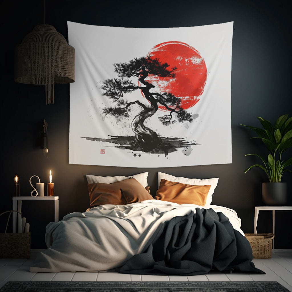 bonsai tree bedroom Traditional Chinese Bonsai & Red Sun Wall Tapestry, Elegant Ink Wash S – inli10 Prints