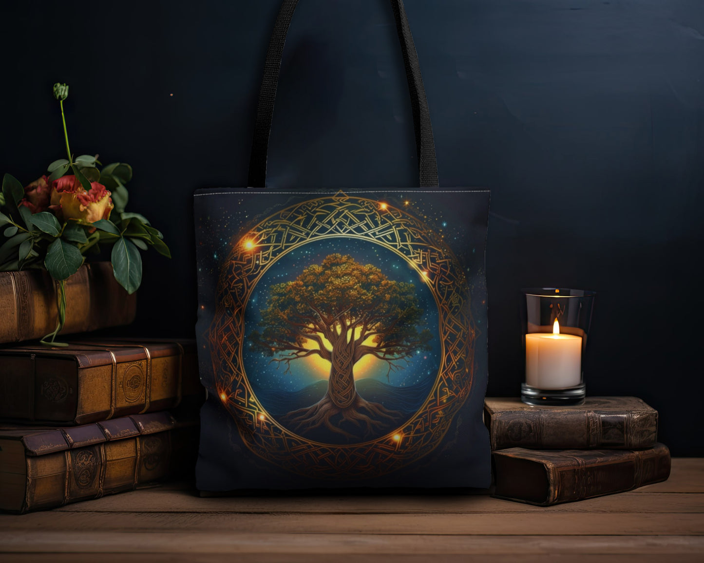 Celtic Tree of Life Mandala Double Sided Tote Bag, Ancient Occult Aesthetic, Folk Nature Fashion Style, 3 Sizes, Black Handles