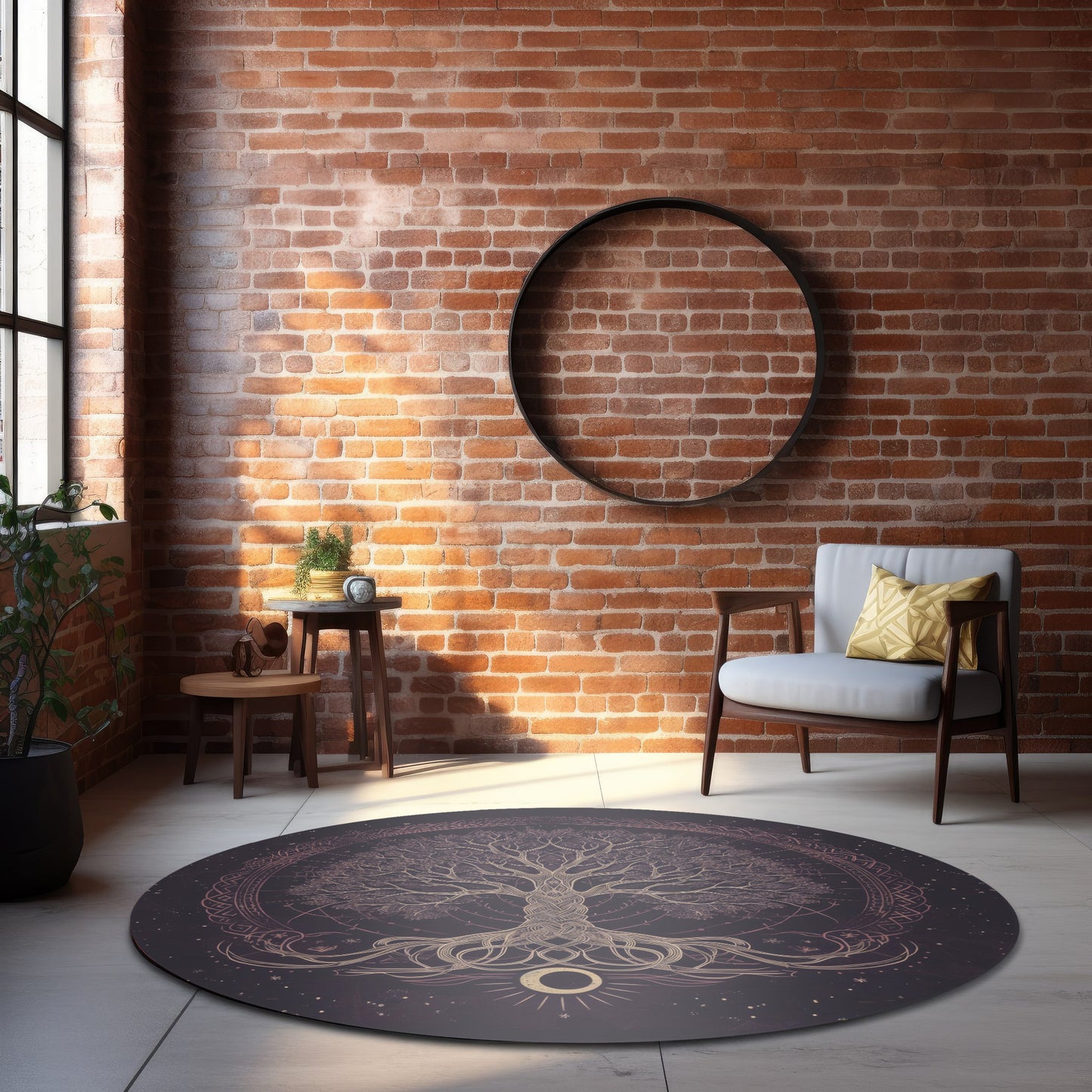 Purple Tree of Life Chenille Round Area Rug, Dark Occult-Inspired Design, Celtic Nature Decor for Home
