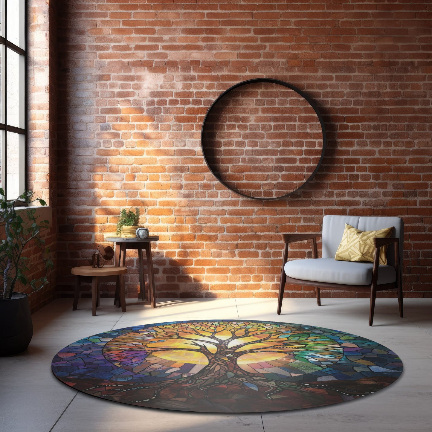 Radiant Tree of Life Stained Glass Design Chenille Round Rug, Enchanting Home Decor, Meditation & Living Space, Nature-Inspired Harmony