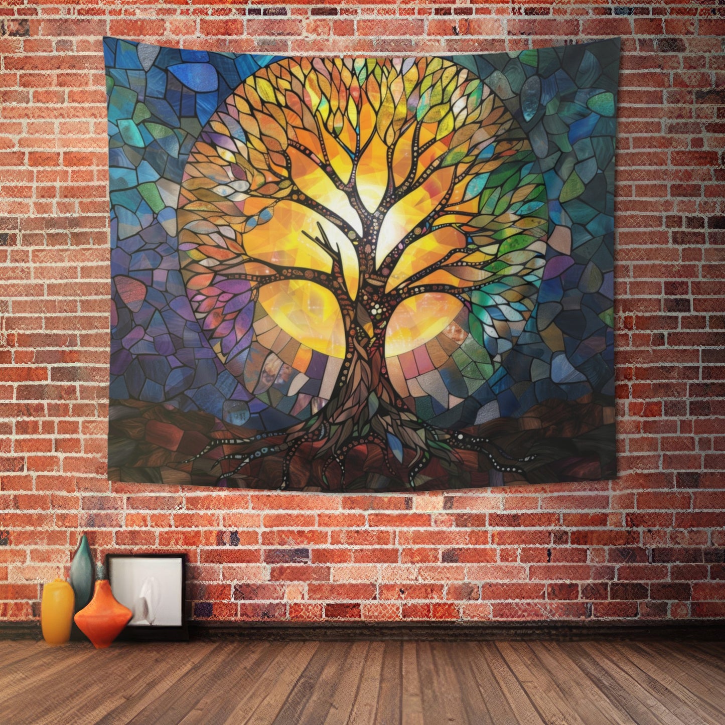 Illuminated Tree of Life Stained Glass Wall Tapestry, Majestic Nature Art, Soulful Decor for Harmonious Living & Meditative Spaces