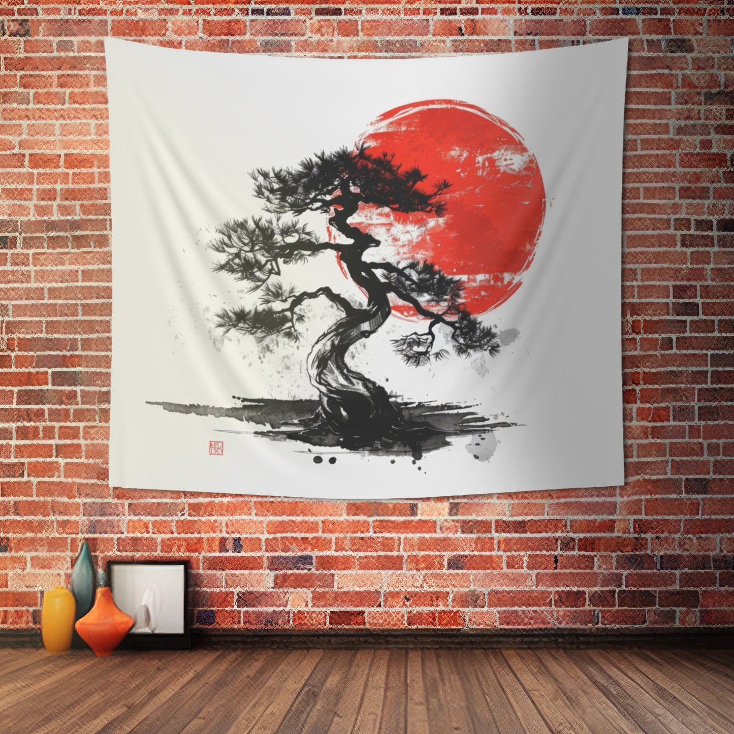 Traditional Chinese Bonsai & Red Sun Wall Tapestry, Elegant Ink Wash Style Art, Serene Zen Decor for Home, Bedroom, Living Space, and Dorms