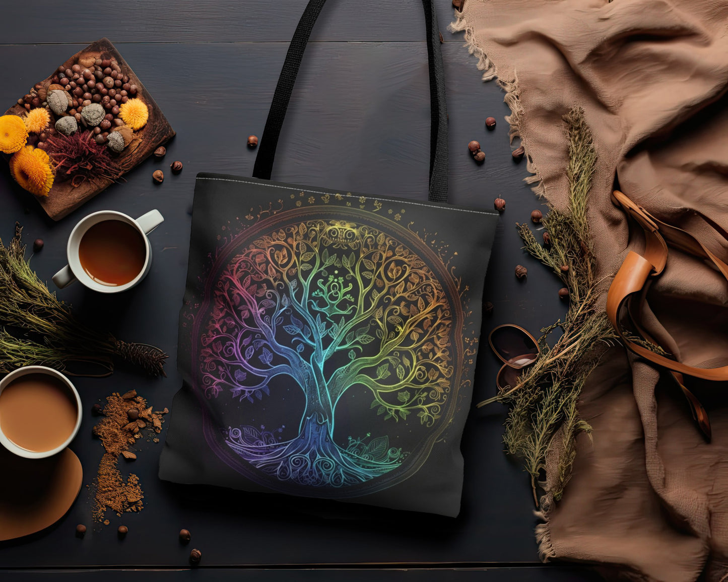 Mystic Arbor Double-Sided Tote Bag, Enchanted Tree of Life Motif, Magical Spectrum Design, Folklore Forest Decor, Radiant Nature Accessory