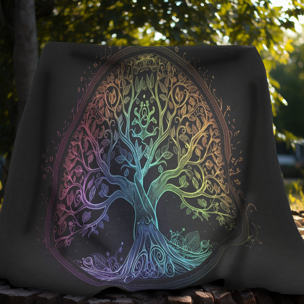 Mystic Arbor Double-Sided Throw Blanket, Enchanted Tree of Life Motif, Magical Spectrum Design, Folklore Forest Decor, Radiant Nature Art