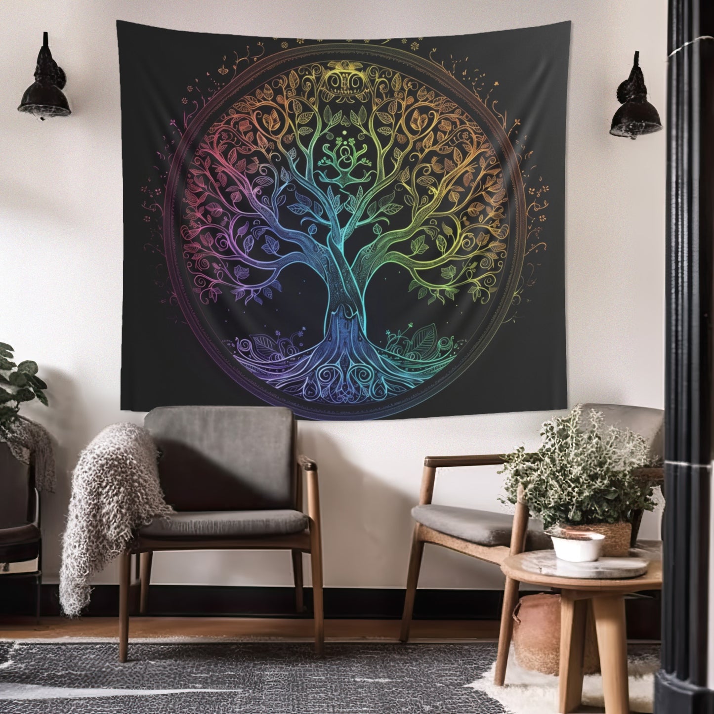 Mystic Arbor Indoor Wall Tapestry, Enchanted Tree of Life Motif, Magical Spectrum Design, Folklore Forest Decor, Radiant Nature Wall Art