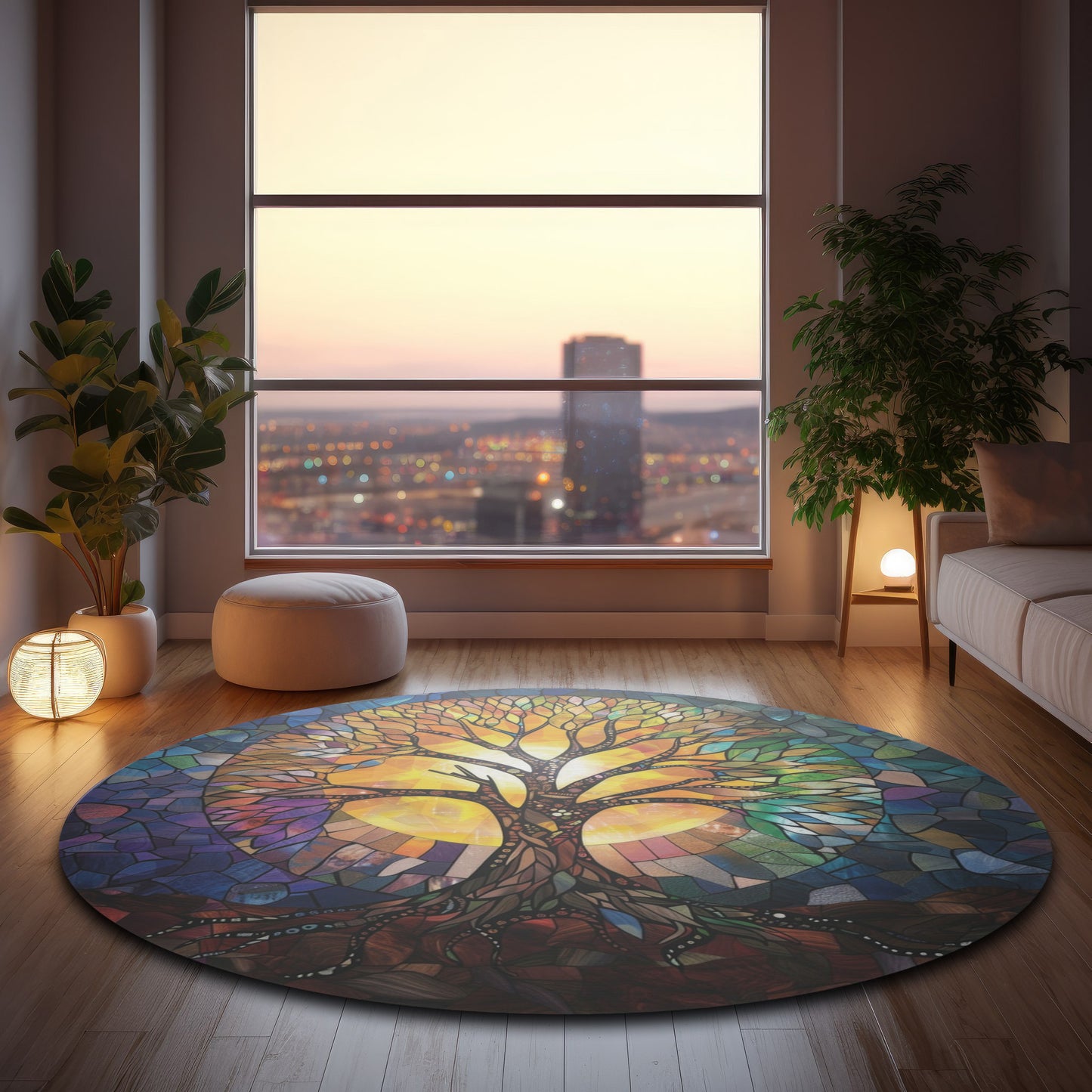 Radiant Tree of Life Stained Glass Design Chenille Round Rug, Enchanting Home Decor, Meditation & Living Space, Nature-Inspired Harmony