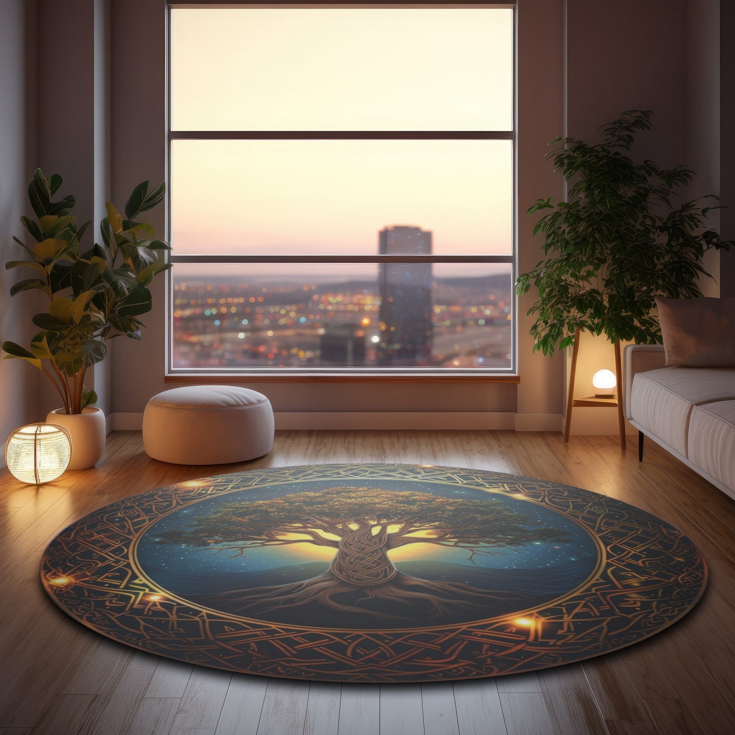 Celtic Tree of Life Mandala Round Chenille Area Rug, Ancient Occult Aesthetic, Folk Nature Style Living, Dorm & Bed Room Decor