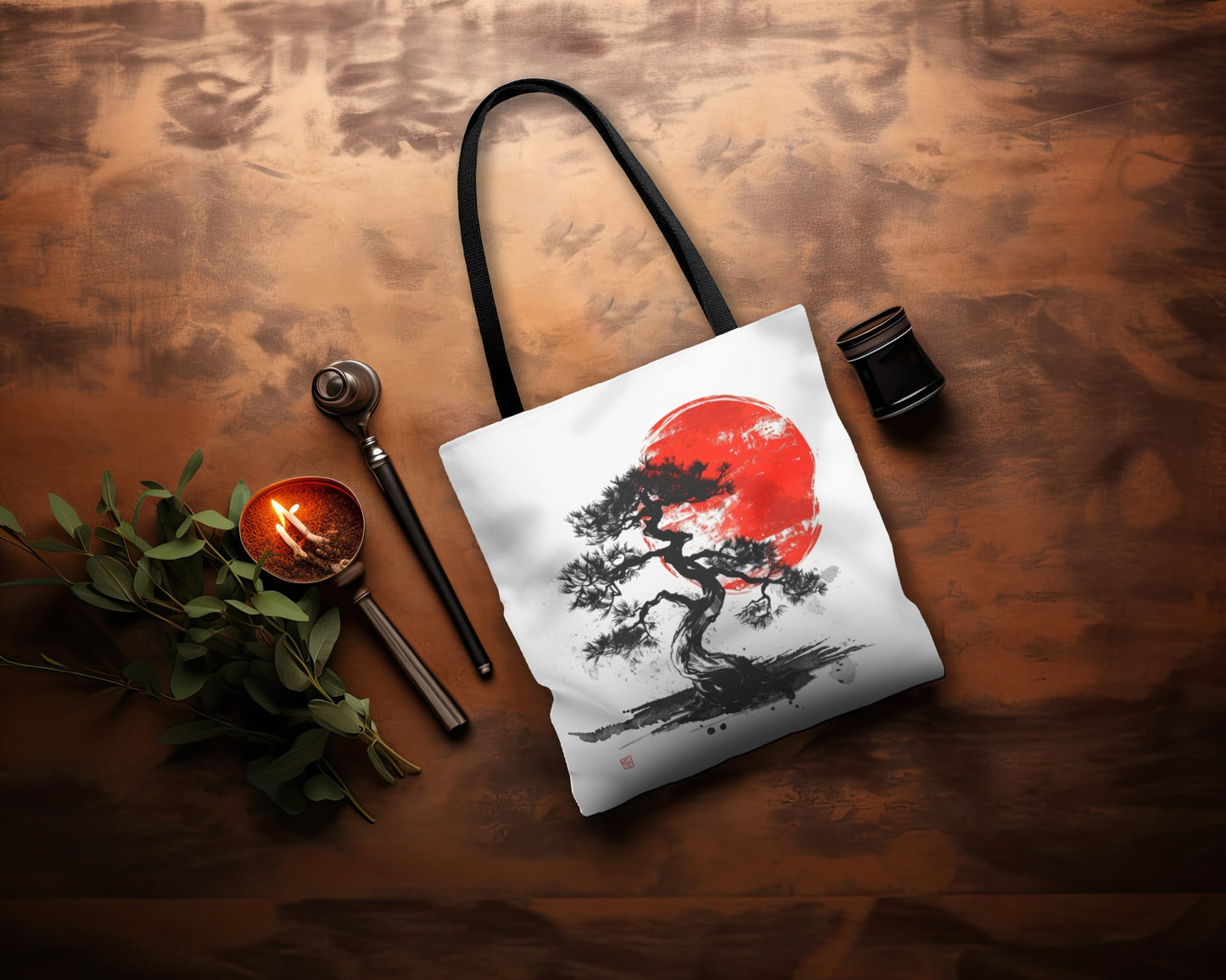 Traditional Chinese Bonsai & Red Sun Tote Bag (3 Sizes), Elegant Ink Wash Style Art, Serene Zen Fashion Style, Black Handles, Minimalist Aesthetic