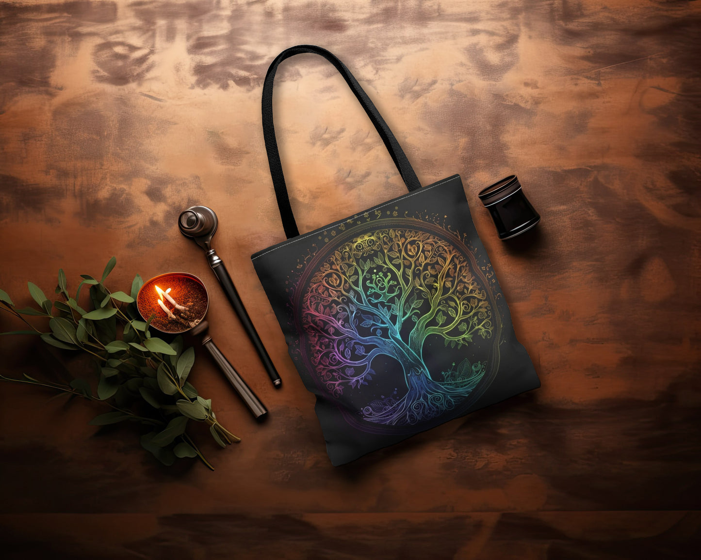 Mystic Arbor Double-Sided Tote Bag, Enchanted Tree of Life Motif, Magical Spectrum Design, Folklore Forest Decor, Radiant Nature Accessory