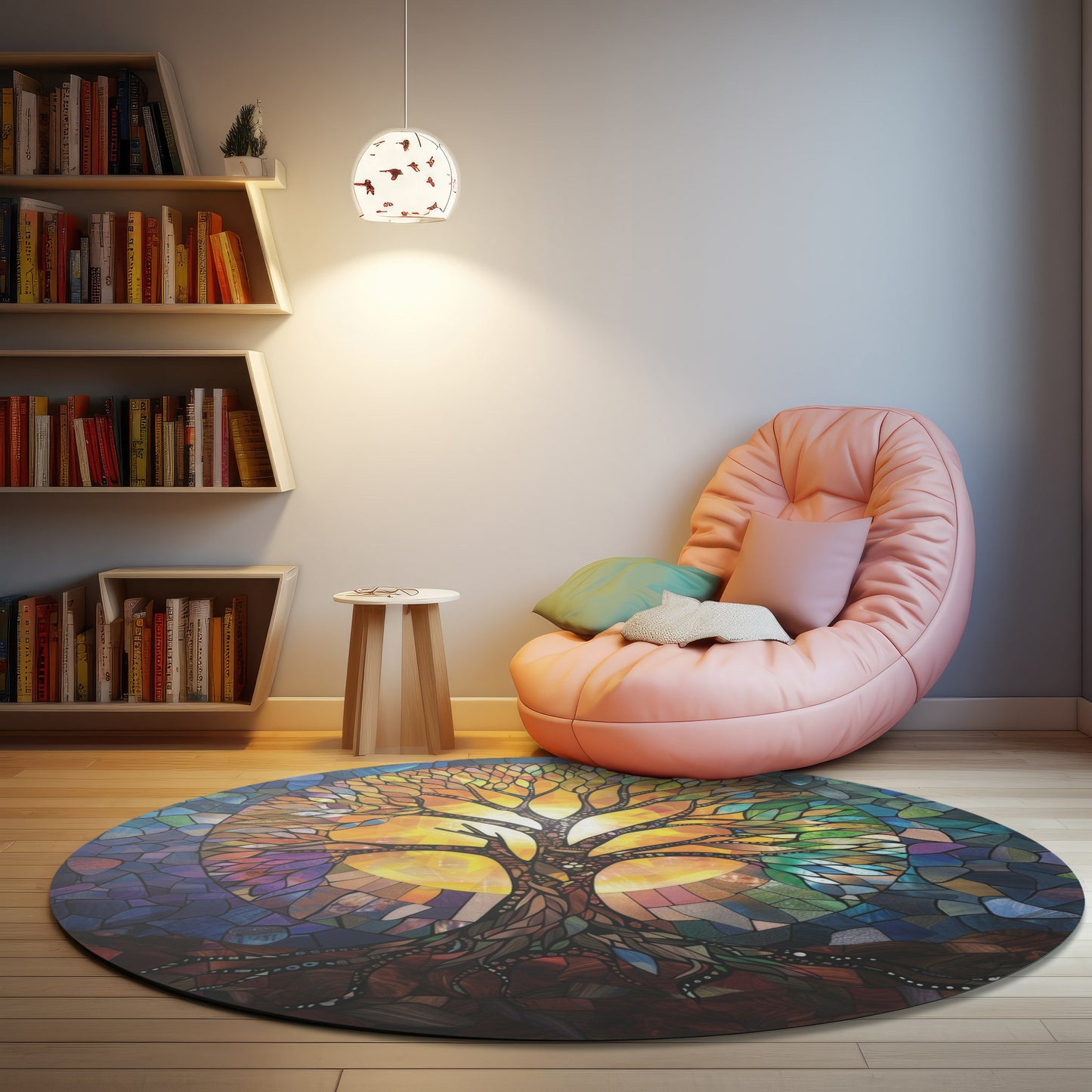 Radiant Tree of Life Stained Glass Design Chenille Round Rug, Enchanting Home Decor, Meditation & Living Space, Nature-Inspired Harmony