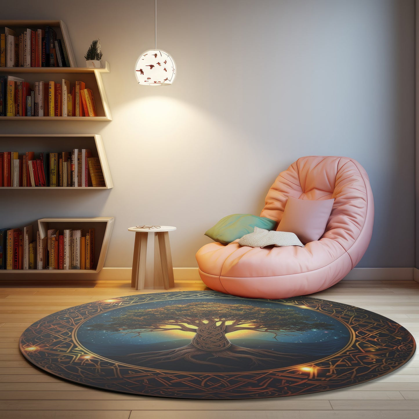 Celtic Tree of Life Mandala Round Chenille Area Rug, Ancient Occult Aesthetic, Folk Nature Style Living, Dorm & Bed Room Decor