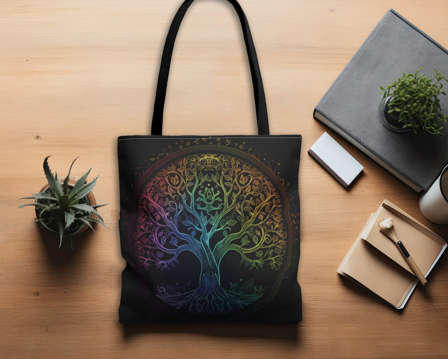 Mystic Arbor Double-Sided Tote Bag, Enchanted Tree of Life Motif, Magical Spectrum Design, Folklore Forest Decor, Radiant Nature Accessory