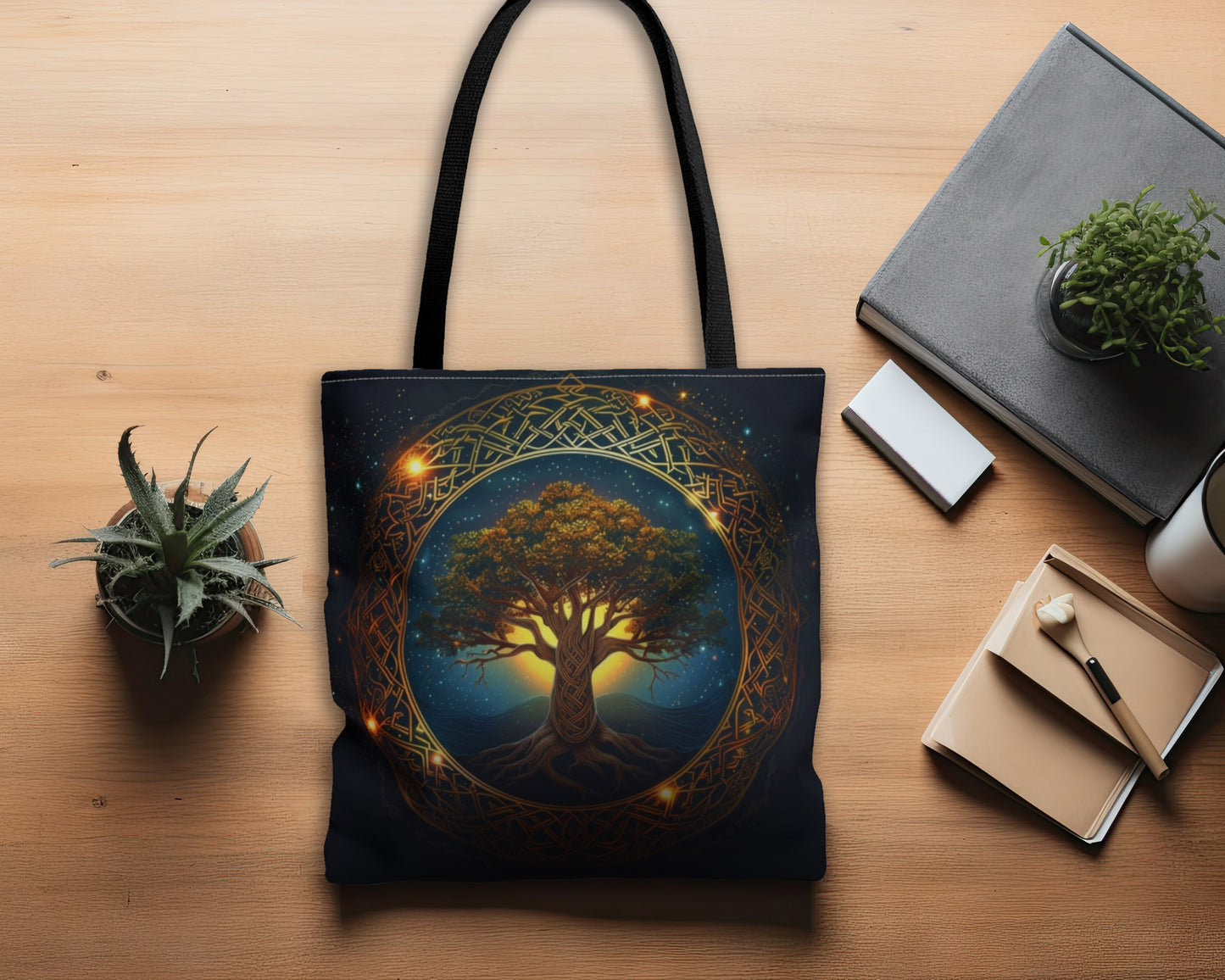 Celtic Tree of Life Mandala Double Sided Tote Bag, Ancient Occult Aesthetic, Folk Nature Fashion Style, 3 Sizes, Black Handles