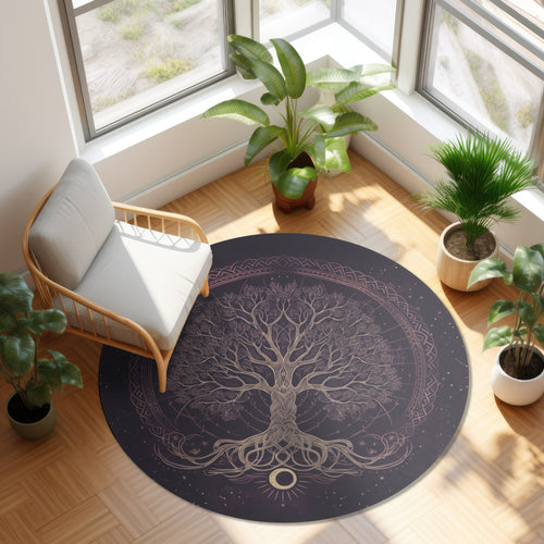 Purple Tree of Life Chenille Round Area Rug, Dark Occult-Inspired Design, Celtic Nature Decor for Home