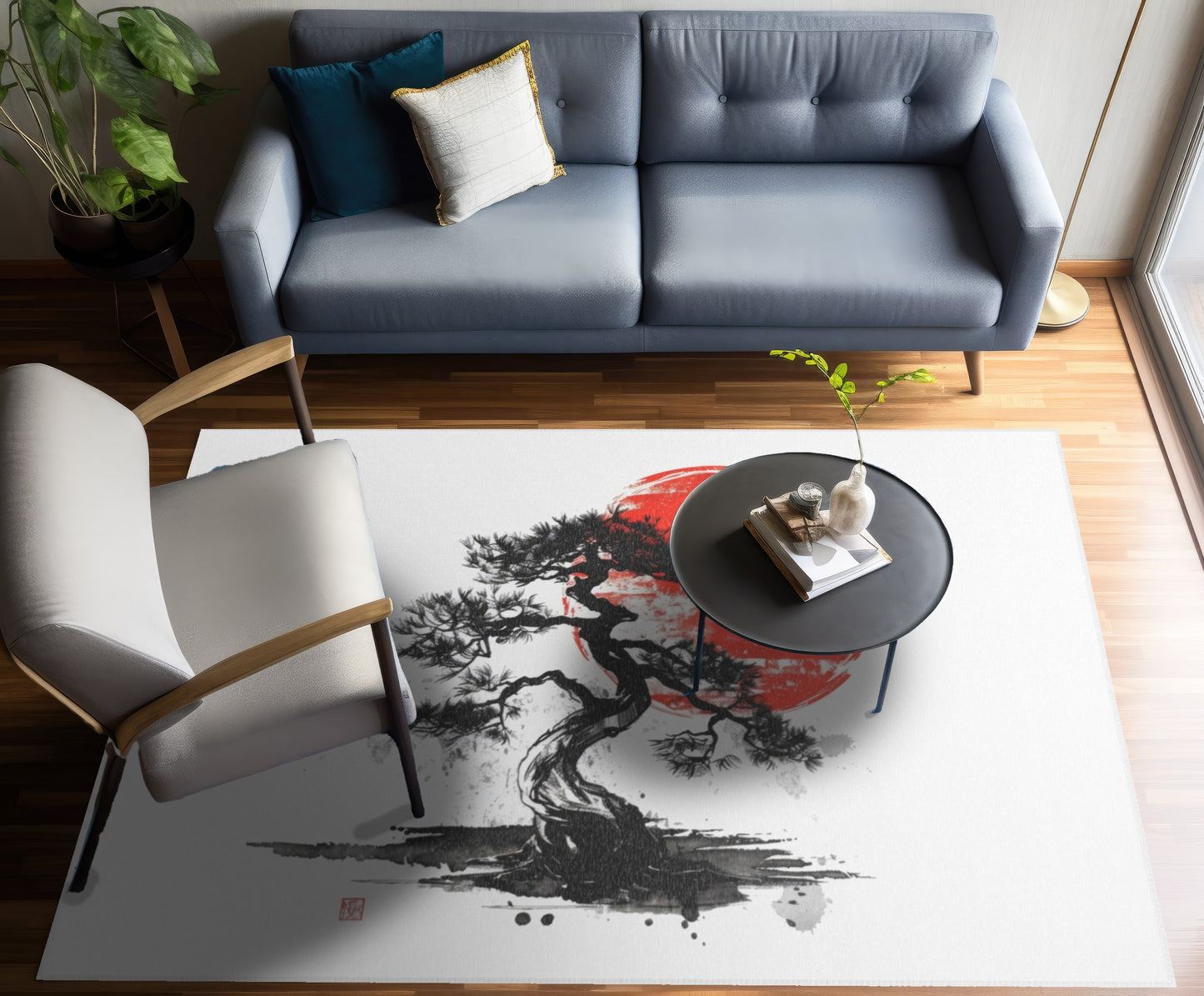 Traditional Chinese Bonsai & Red Sun Chenille Area Rug, Elegant Ink Wash Style Art, Serene Zen Decor for Home, Bedroom, Living Space, and Dorms