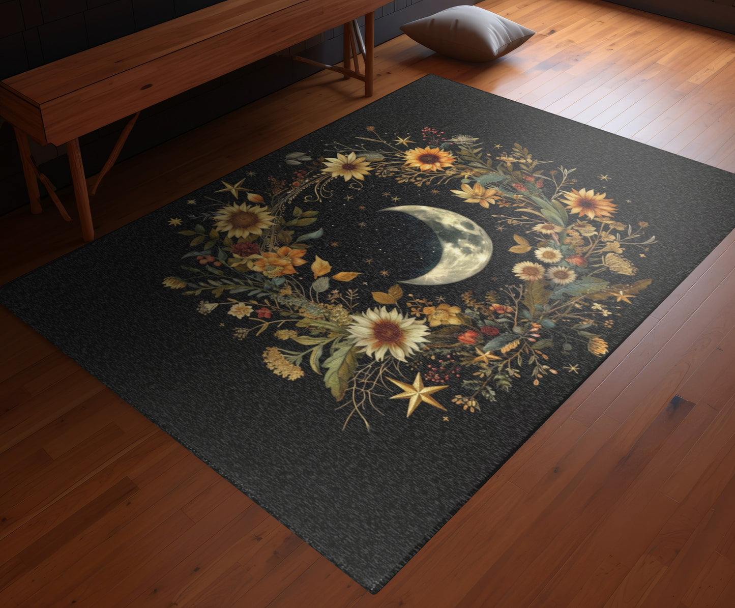 Crescent Moon & Wildflower Mandala Polyester Chenille Area Rug (3 Sizes), Dark Cottagecore Design, Witchy Lunar Aesthetic Room Decor