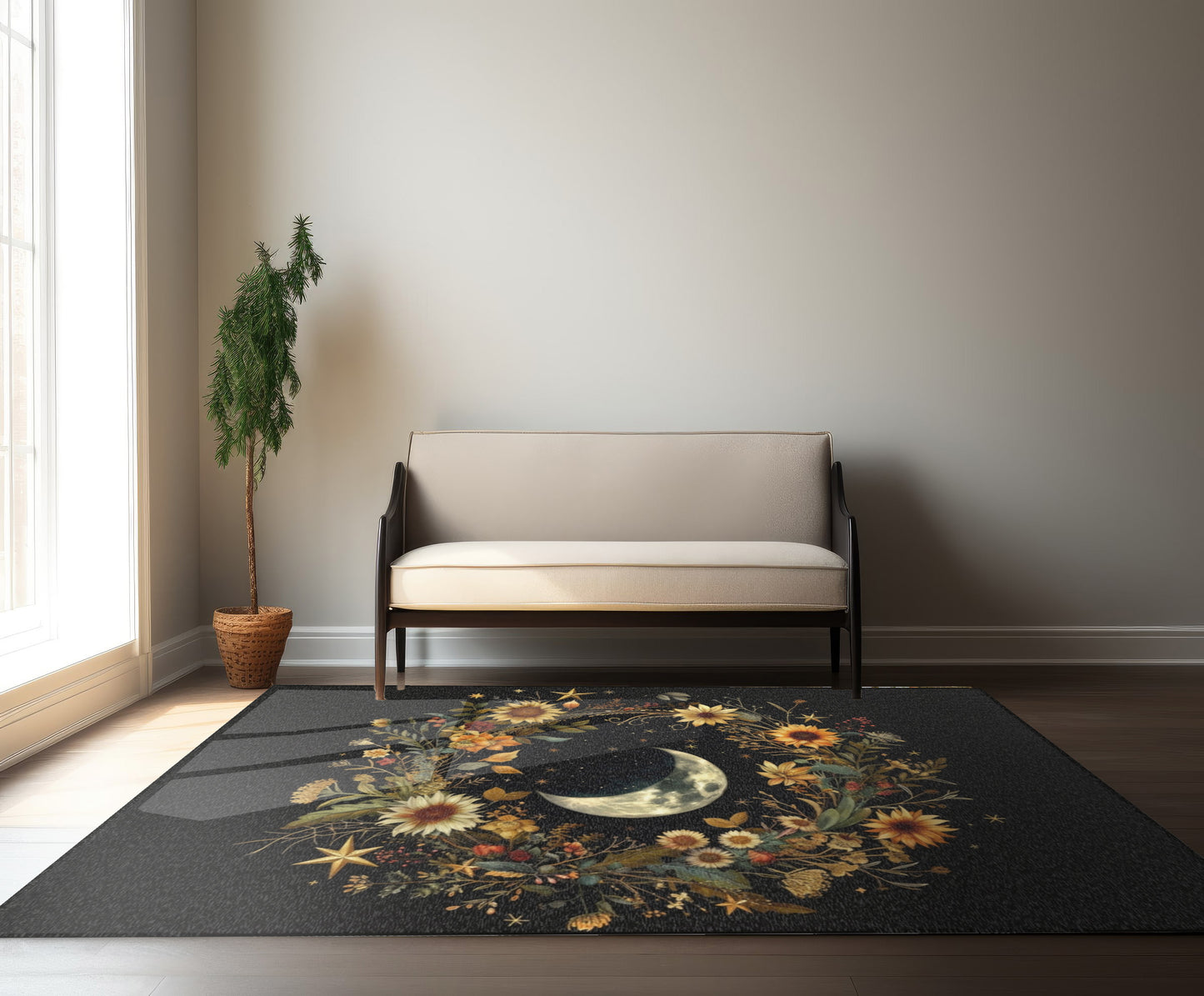 Crescent Moon & Wildflower Mandala Polyester Chenille Area Rug (3 Sizes), Dark Cottagecore Design, Witchy Lunar Aesthetic Room Decor