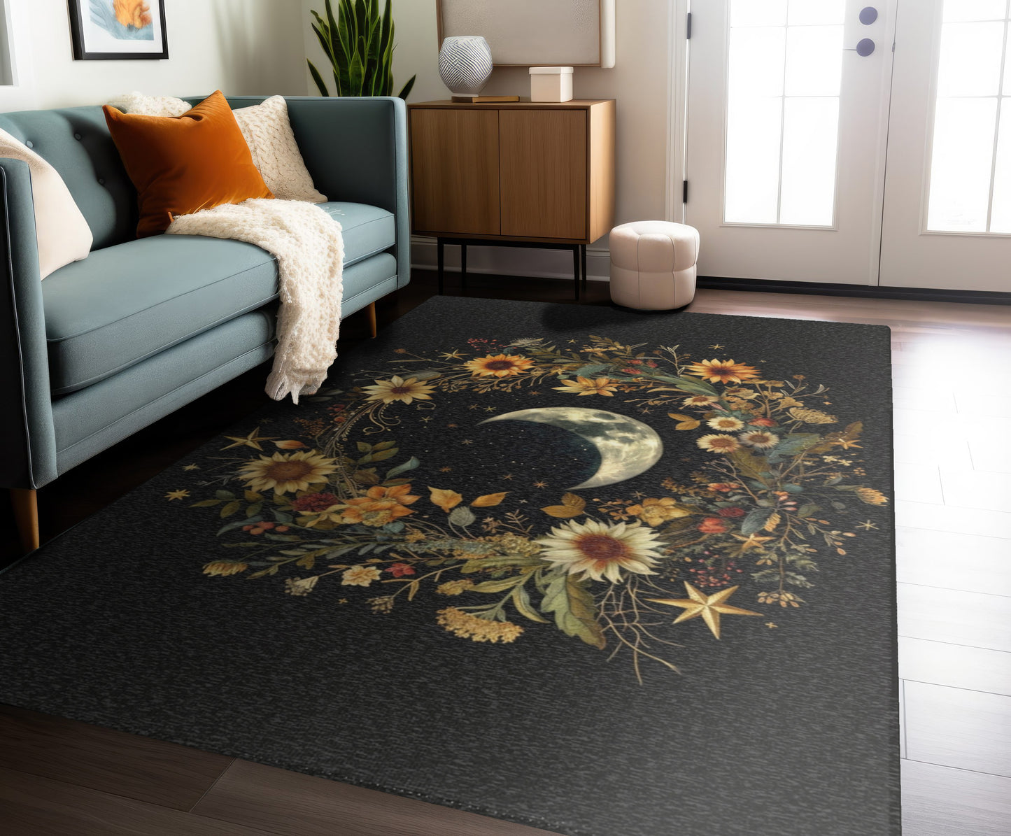 Crescent Moon & Wildflower Mandala Polyester Chenille Area Rug (3 Sizes), Dark Cottagecore Design, Witchy Lunar Aesthetic Room Decor