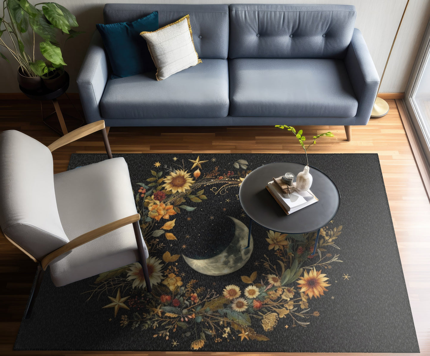 Crescent Moon & Wildflower Mandala Polyester Chenille Area Rug (3 Sizes), Dark Cottagecore Design, Witchy Lunar Aesthetic Room Decor