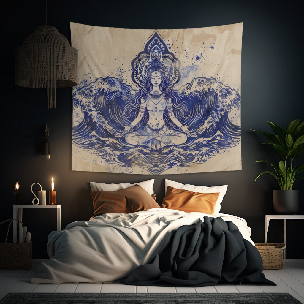 Water Goddess Indoor Wall Tapestry, Mysterious Occult Design, Sacred Geometry Aesthetic Enchanting Bedroom, Living, and Dorm Room Decor