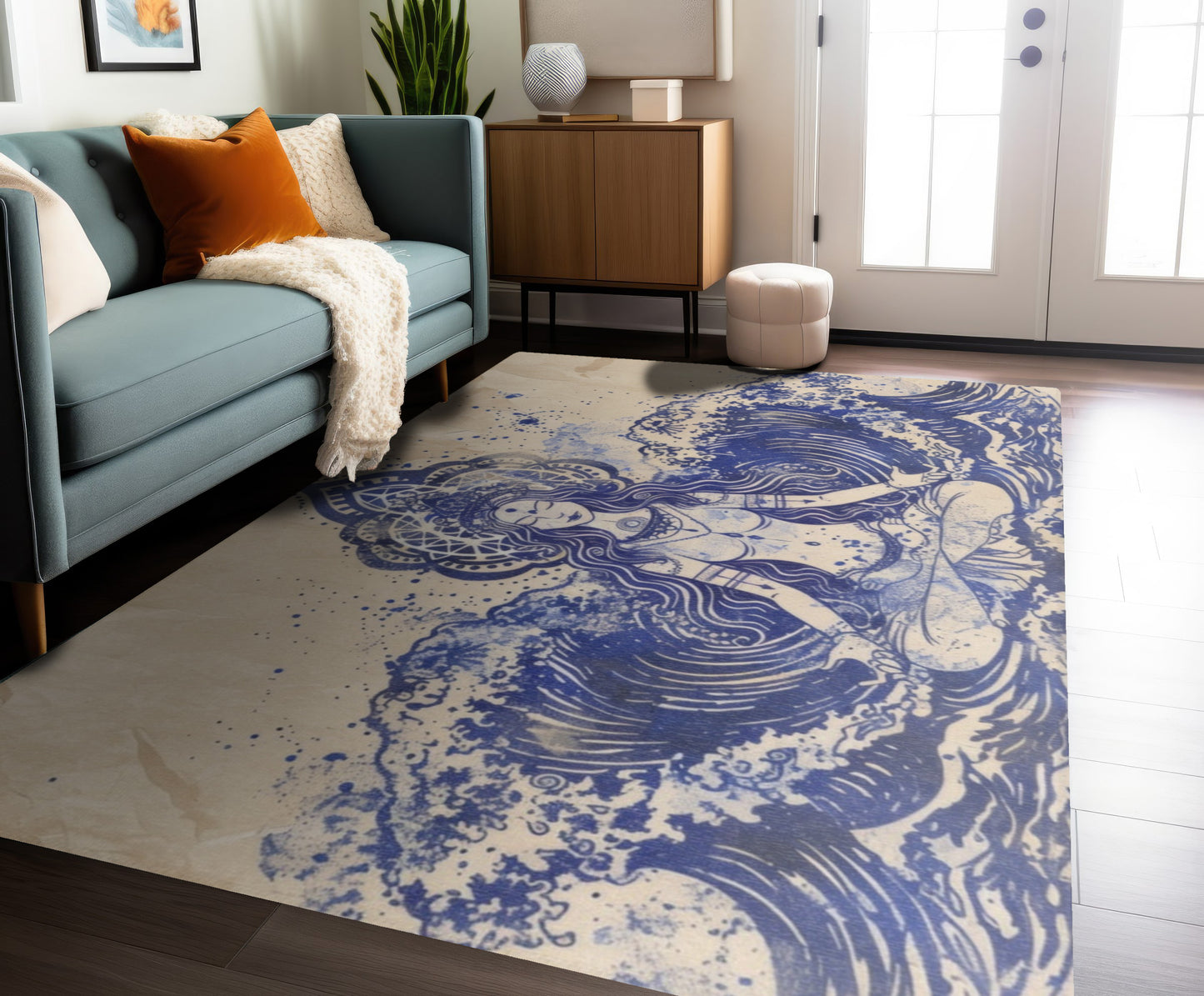Water Goddess Polyester Chenille Area Rug (3 Sizes), Sacred Geometry Aesthetic, Zen Nature Bedroom, Living Room & Dorm Room Decor