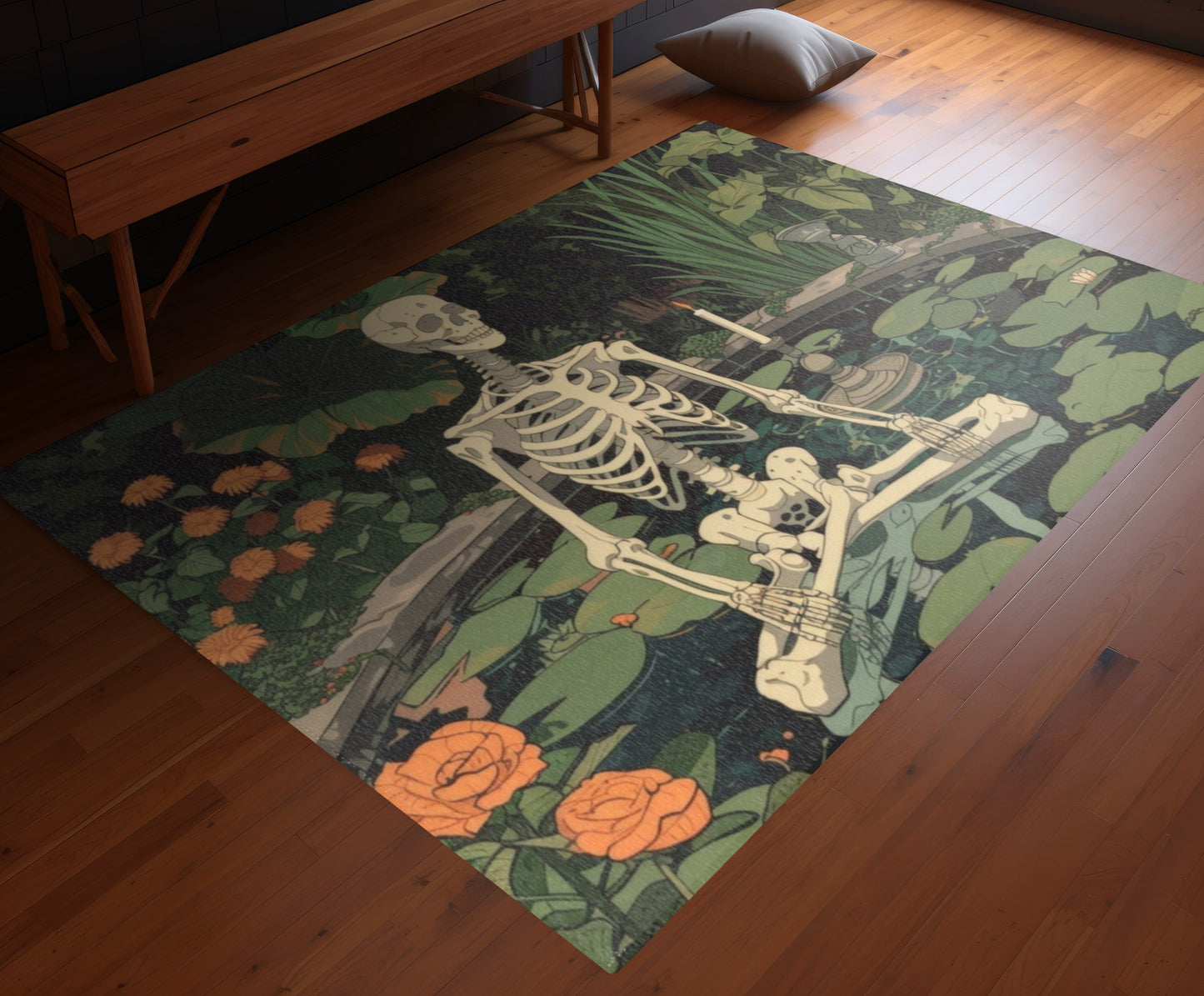 Skeleton Meditating in Zen Garden Chenille Area Rug (3 Sizes), Cottagecore Design, Gothic Folk Aesthetic Bedroom, Living, and Dorm Room Decor