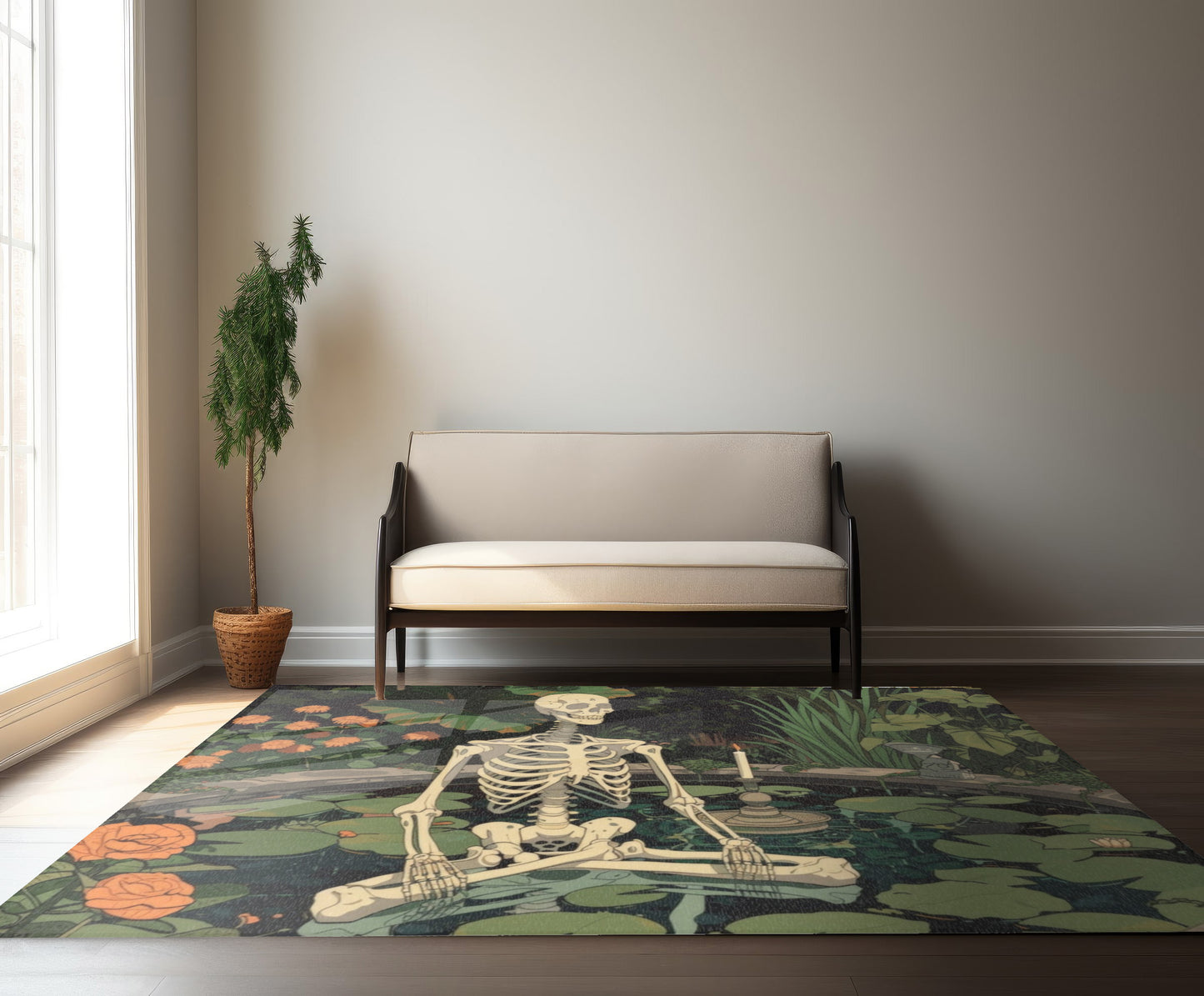 Skeleton Meditating in Zen Garden Chenille Area Rug (3 Sizes), Cottagecore Design, Gothic Folk Aesthetic Bedroom, Living, and Dorm Room Decor