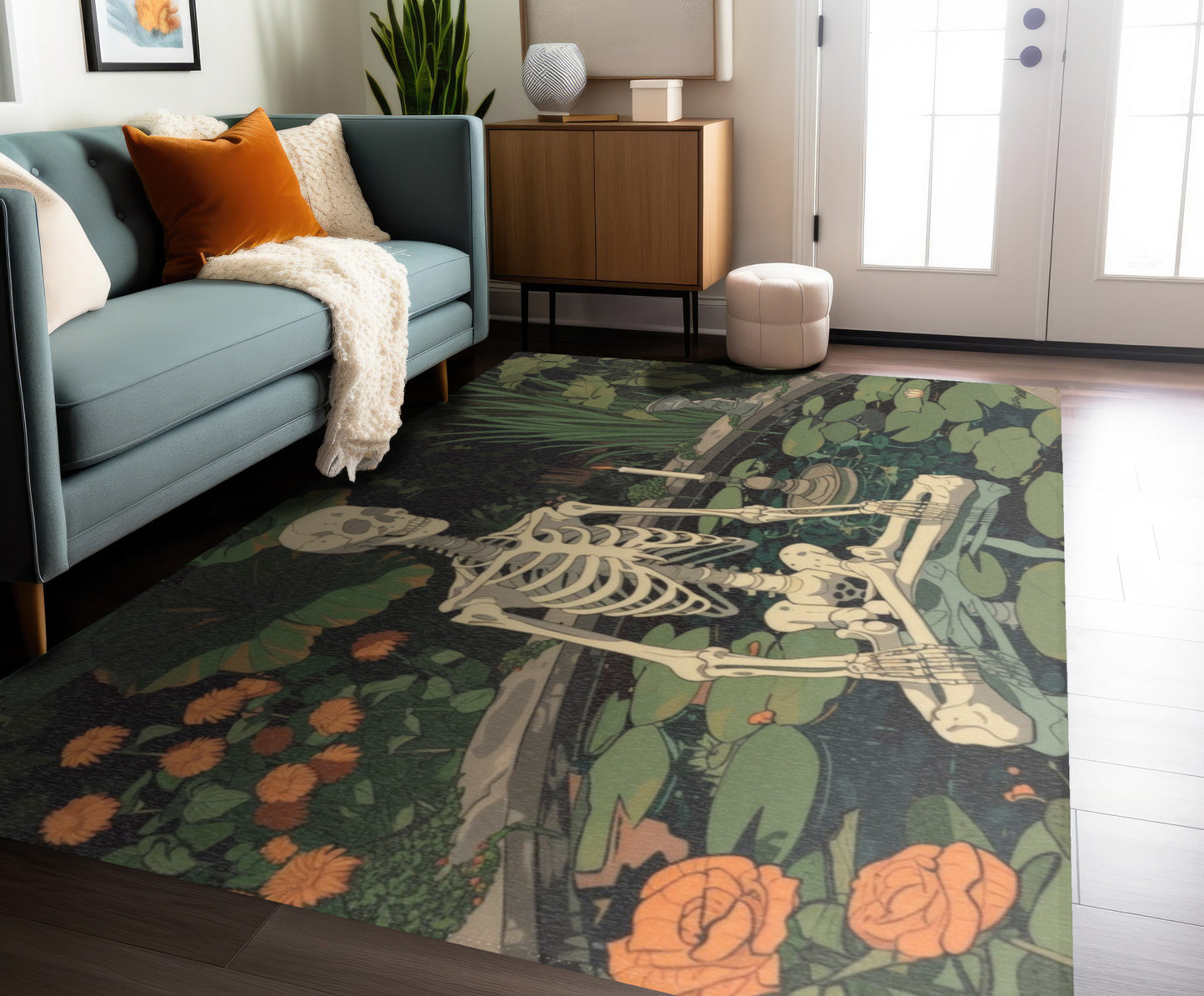 Skeleton Meditating in Zen Garden Chenille Area Rug (3 Sizes), Cottagecore Design, Gothic Folk Aesthetic Bedroom, Living, and Dorm Room Decor