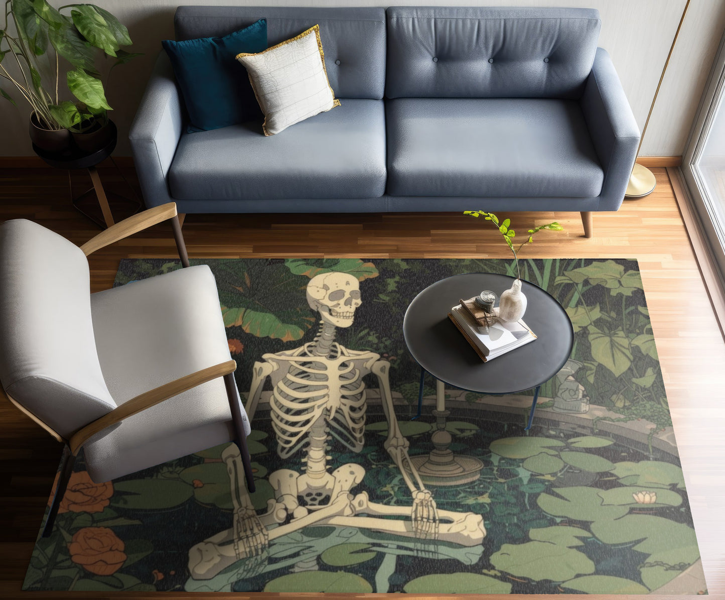 Skeleton Meditating in Zen Garden Chenille Area Rug (3 Sizes), Cottagecore Design, Gothic Folk Aesthetic Bedroom, Living, and Dorm Room Decor