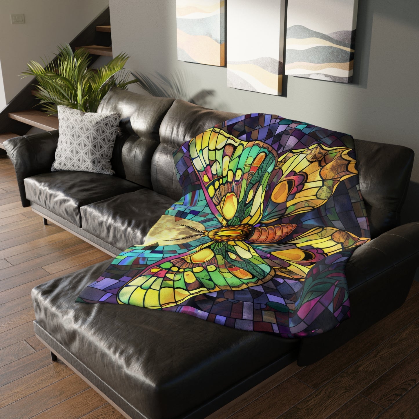 Illuminated Sunset Moth & Crescent Moon Stained Glass Double-Sided Throw Blanket, Luminous Winged Beauty, Luxurious Comfort for Restful Slumber