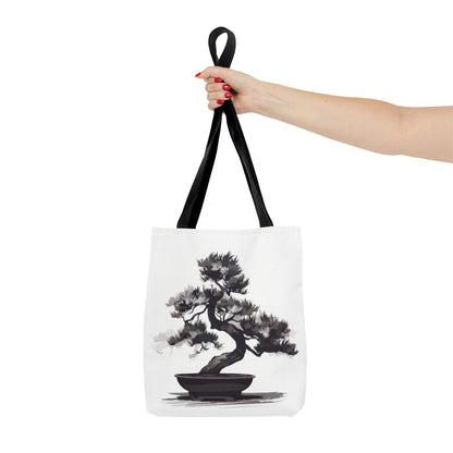 Chinese Ink Style Bonsai Tree Double Sided Tote Bag, Simple Minimalist Aesthetic, Zen Nature Fashion Style, Black Handles, 3 Sizes