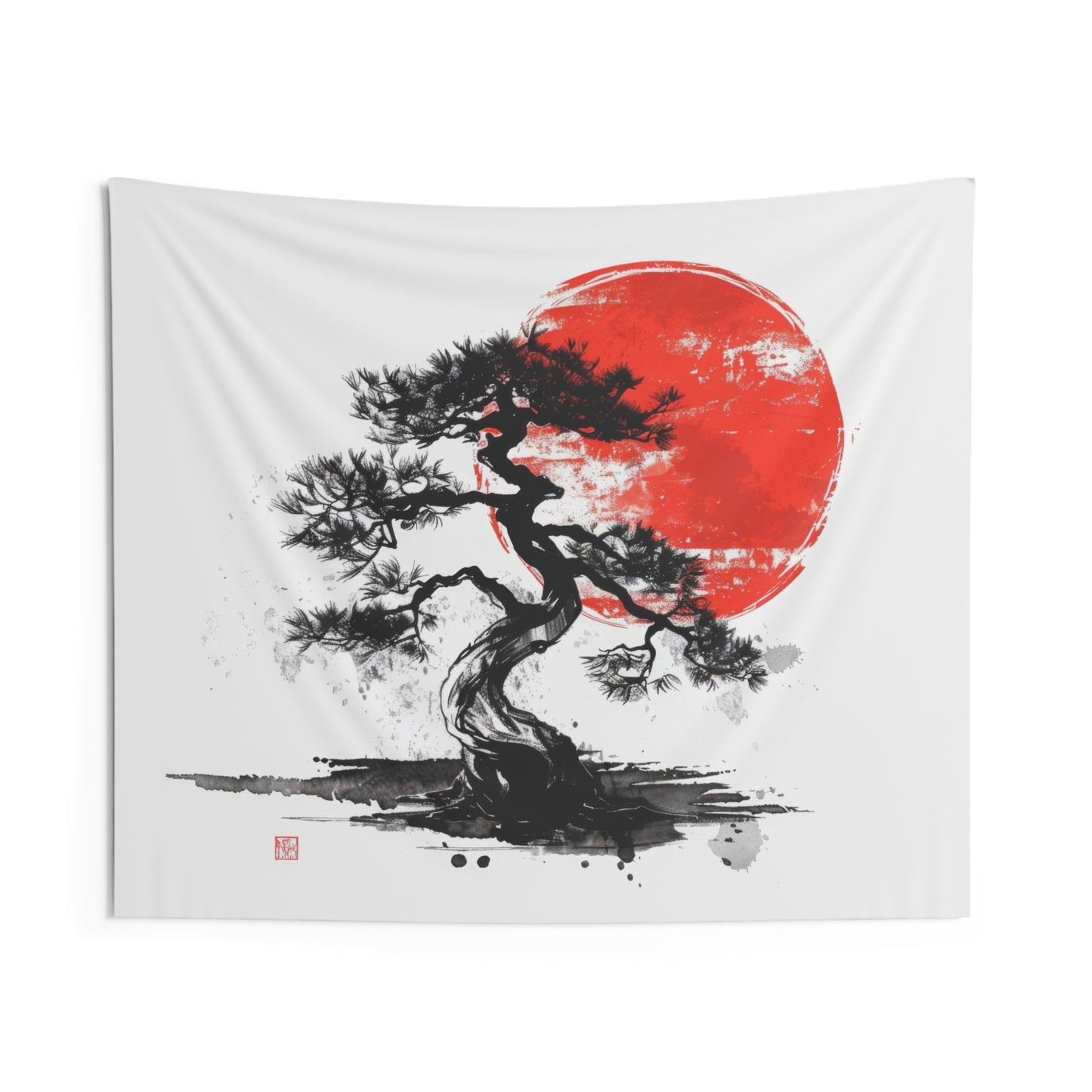 Traditional Chinese Bonsai & Red Sun Wall Tapestry, Elegant Ink Wash Style Art, Serene Zen Decor for Home, Bedroom, Living Space, and Dorms