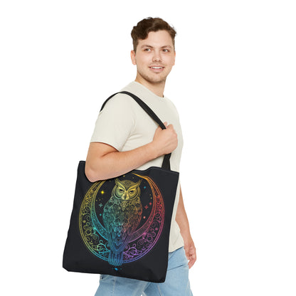 Lunar Sentinel Owl Double-Sided Tote Bag, Moonlit Avian Emblem, Cosmic Wisdom Design, Starry Night and Lunar Motif, Mystical Moonlit Accessory