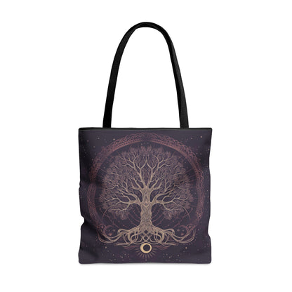 Mystic Purple Tree of Life Mandala Tote Bag – Dark Occult and Nature-Inspired Fashion, with Black Handles