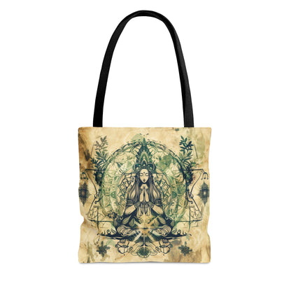 Nature Goddess Polyester Tote Bag (Double Sided), Zen Nature Aesthetic, Sacred Geometry Style Fashion, 3 Sizes, Black Handles