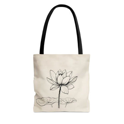 Lotus Flower Line Art Tote Bag (3 Sizes), Elegant Botanical Illustration, Peaceful Zen Fashion Style, Black Handles, Minimalist Aesthetic