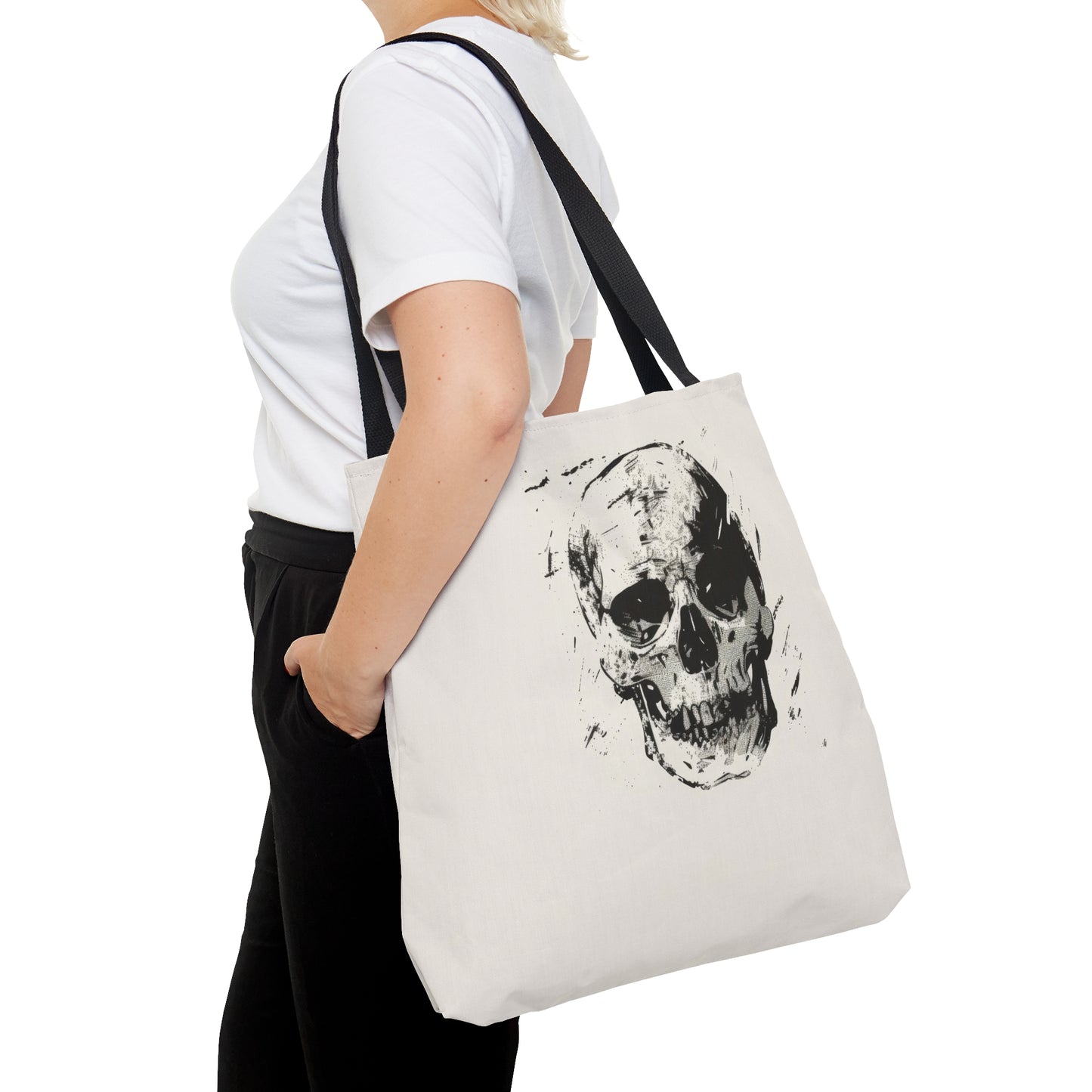 Grunge Skull Print Double Sided Tote Bag (3 Sizes), Monochrome Gothic Art Decor, Stylish Edgy Fashion, Black Handles, Minimalist Cryptic Aesthetic