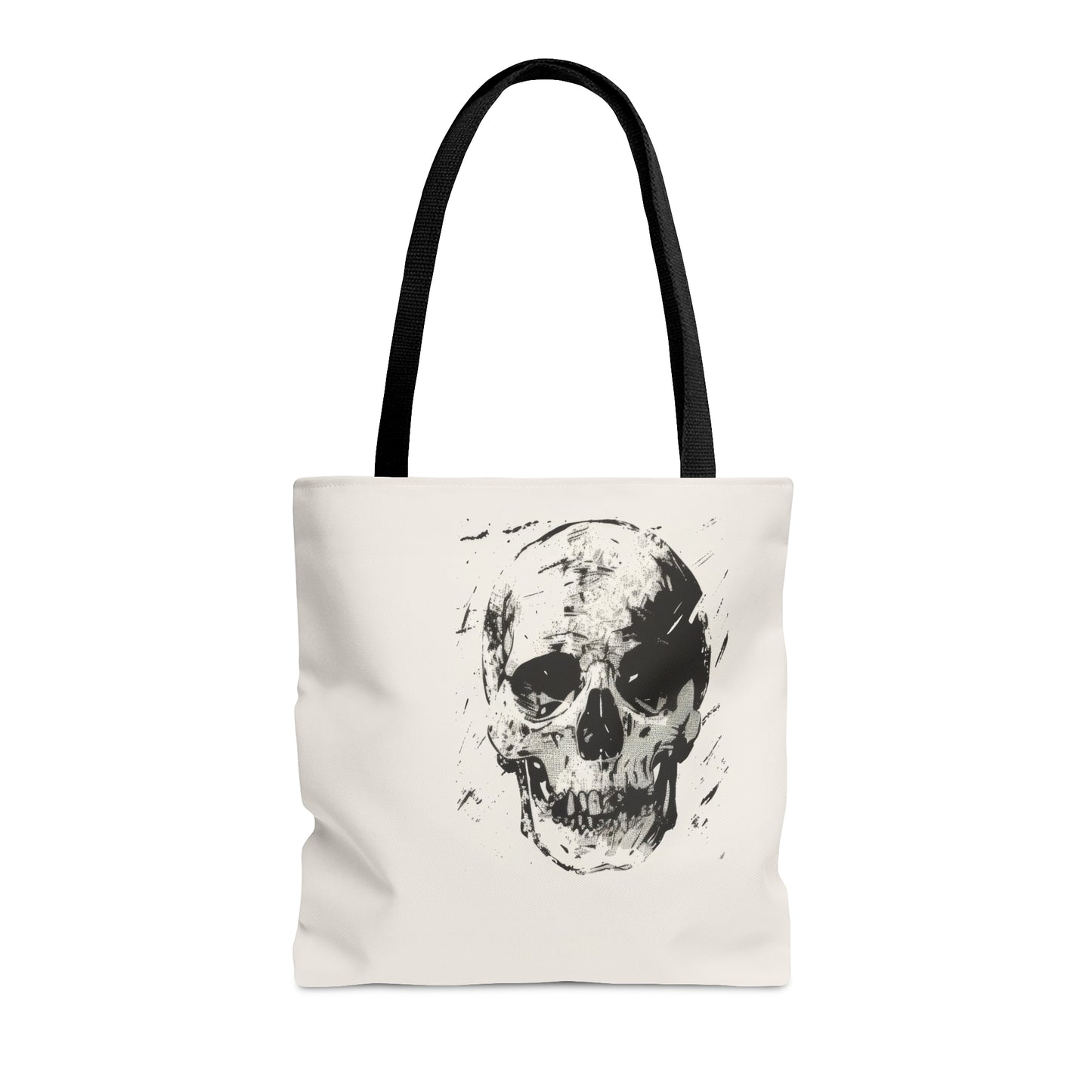 Grunge Skull Print Double Sided Tote Bag (3 Sizes), Monochrome Gothic Art Decor, Stylish Edgy Fashion, Black Handles, Minimalist Cryptic Aesthetic