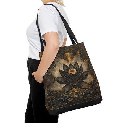 Black Lotus Blossom Polyester Tote Bag (Double Sided), Dark Occult and Sacred Geometry Inspired, Polyester with Black Handles in 3 Sizes