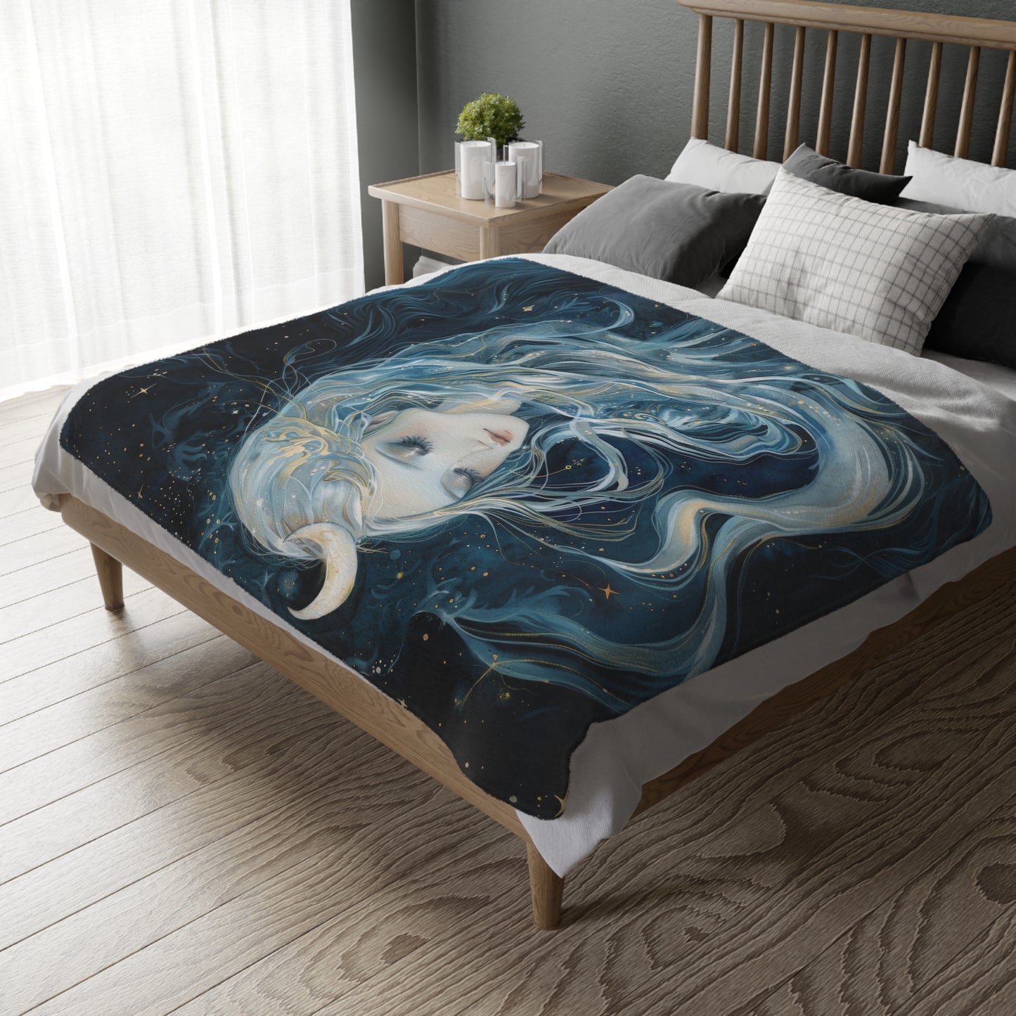 Selene's Moonlit Reverie Double-Sided Throw Blanket, Lunar Goddess Embrace, Celestial Elegance, Star-kissed Comfort