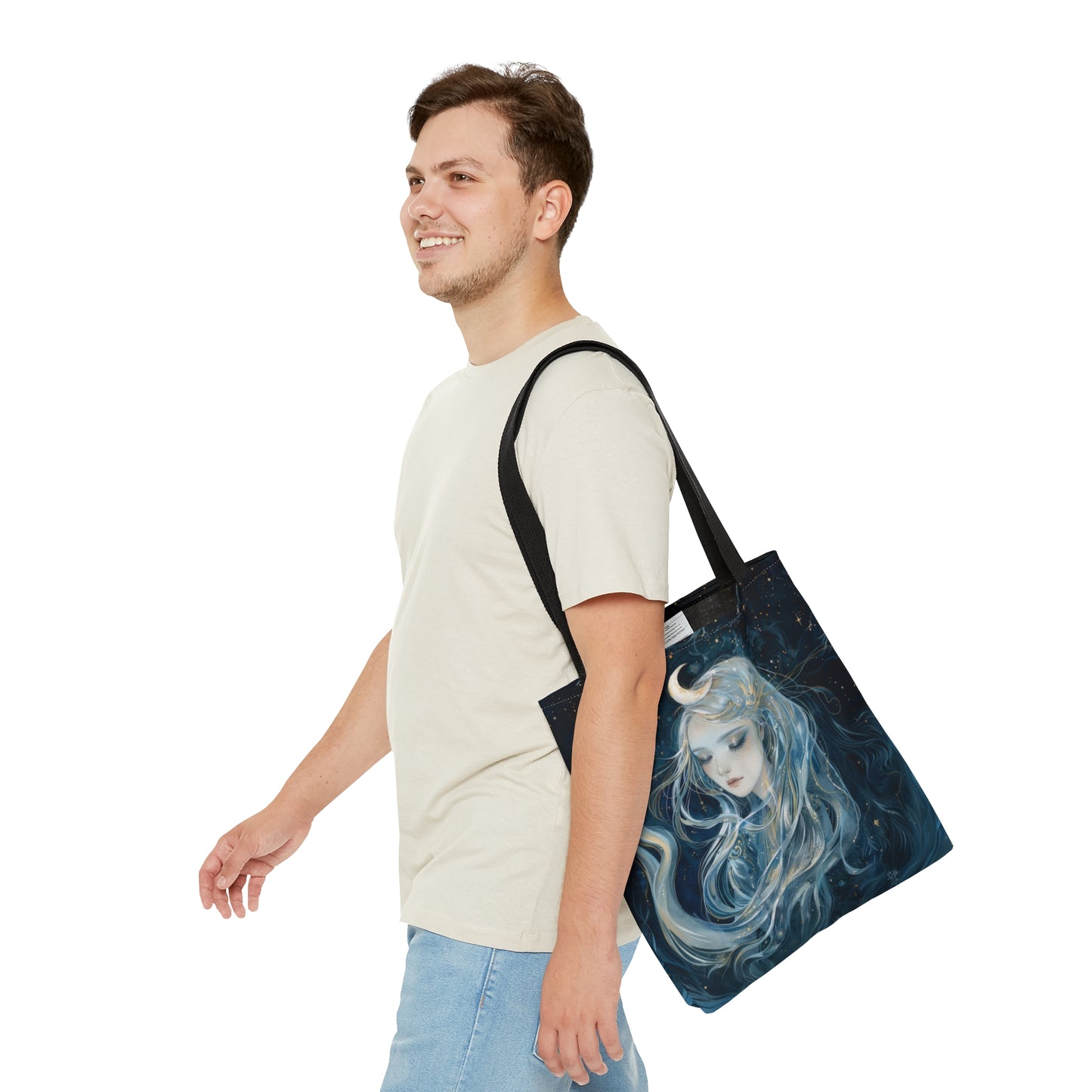 Selene's Moonlit Reverie Tote Bag, Dual-Sided Moon Goddess Design, Celestial Elegance, Ethereal Fashion Accessory