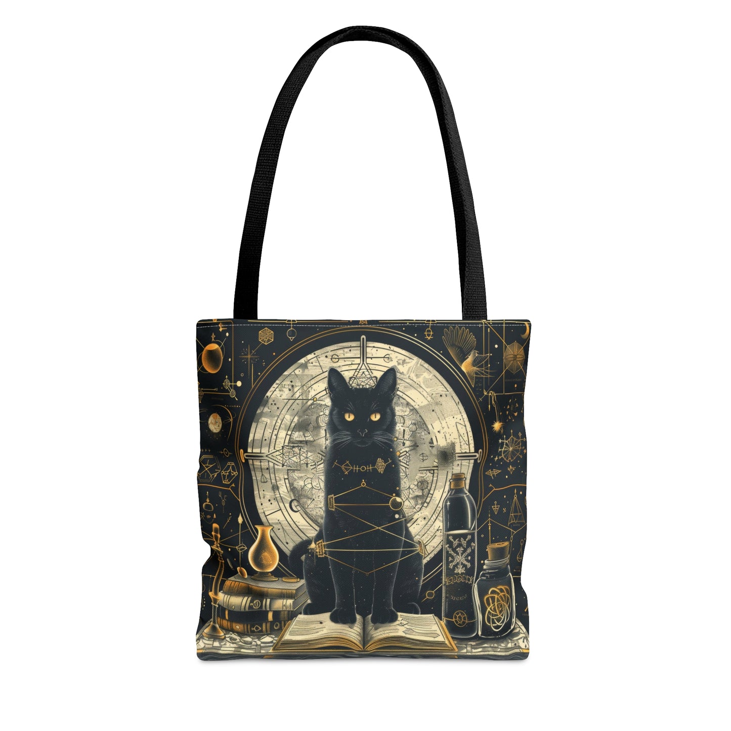 Black Cat & Spell Books Polyester Tote Bag (Double Sided), Dark Occult and Geometry Fashion, Polyester Material with Black Handles in 3 Sizes