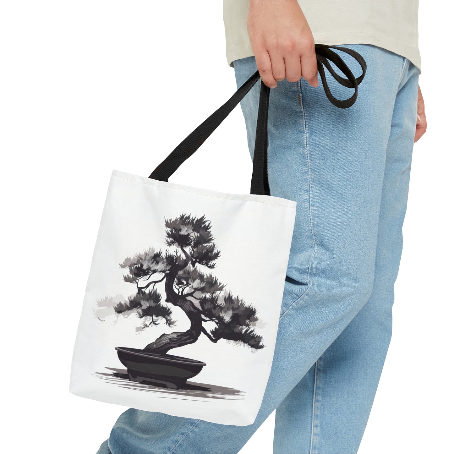 Chinese Ink Style Bonsai Tree Double Sided Tote Bag, Simple Minimalist Aesthetic, Zen Nature Fashion Style, Black Handles, 3 Sizes