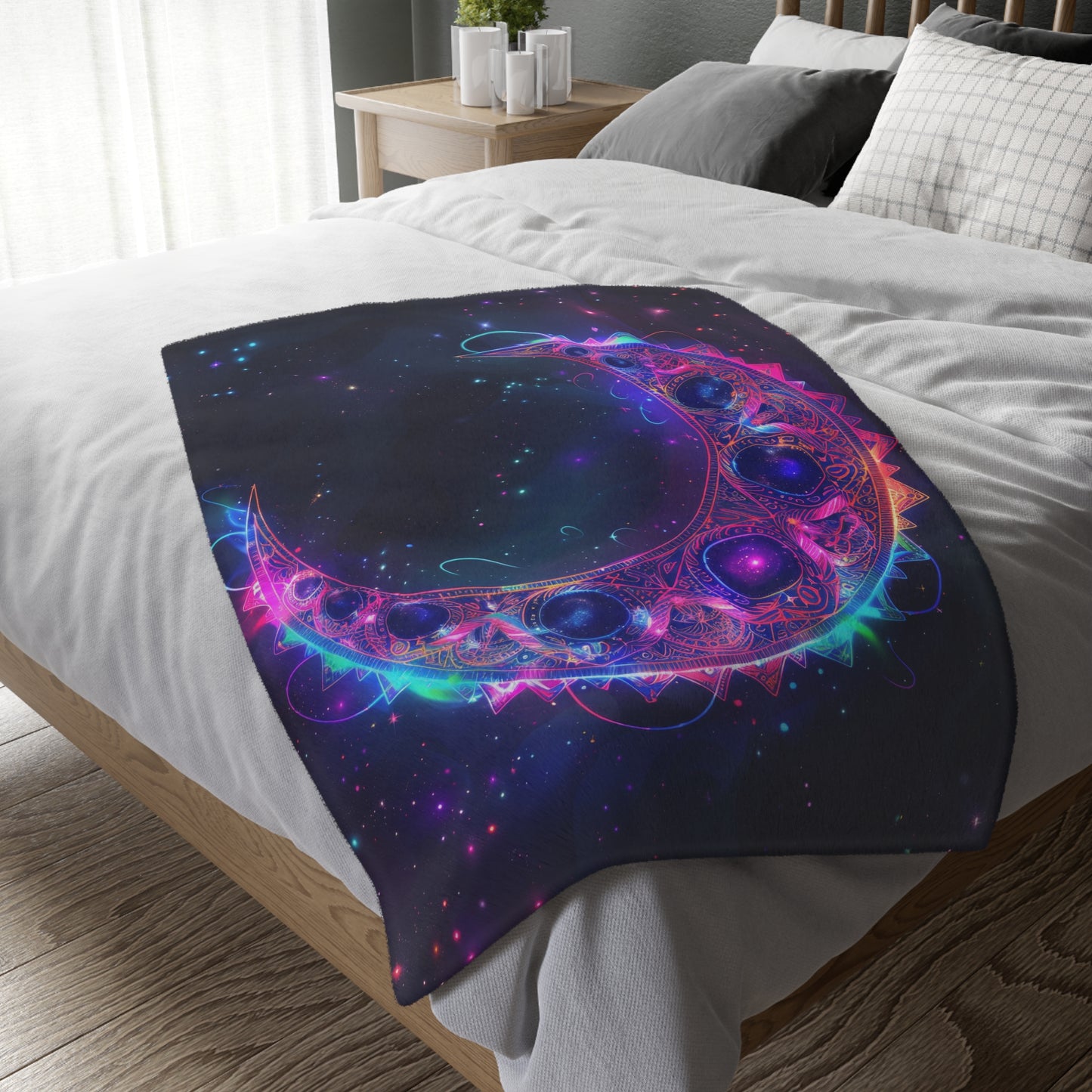 Lunar Phase Electric Mandala Reversible Throw Blanket, Magical Occult Motif, Moon Enthusiast Gift, Spellbinding Decor for Bedrooms and Living Spaces